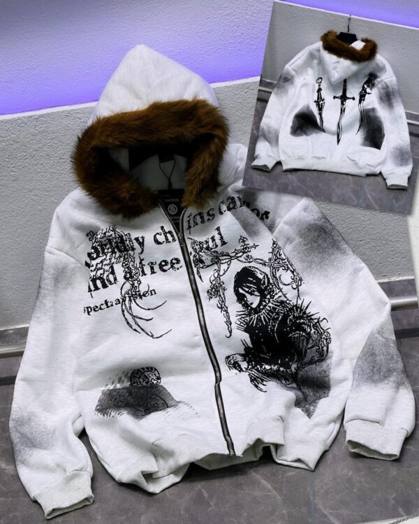 FrostReign™ Gothic Fur-Trim Graphic Zip Hoodie FrostReign™ Gothic Fur-Trim Graphic Zip Hoodie