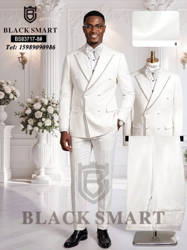 IMG-202606Command attention with timeless elegance in the Black Smart™ Prestige Ivory Double-Breasted Tuxedo Suit, a masterpiece of luxury tailoring designed for distinguished gentlemen. Crafted for weddings, formal receptions, gala events, executive occasions, and special celebrations, this sophisticated ensemble embodies class, confidence, and impeccable style. The centerpiece of this suit is its beautifully tailored double-breasted jacket, presented in a refined ivory-white shade that radiates sophistication. Featuring a structured peak lapel design accented with subtle black crystal-inspired detailing along the lapel edges and front closure, the jacket delivers a striking contrast that enhances its premium appeal. The six-button double-breasted construction creates a sharp, commanding silhouette while maintaining a modern and elegant appearance.05-WA0207 Black Smart™ Executive Glen Plaid Three-Piece Suit